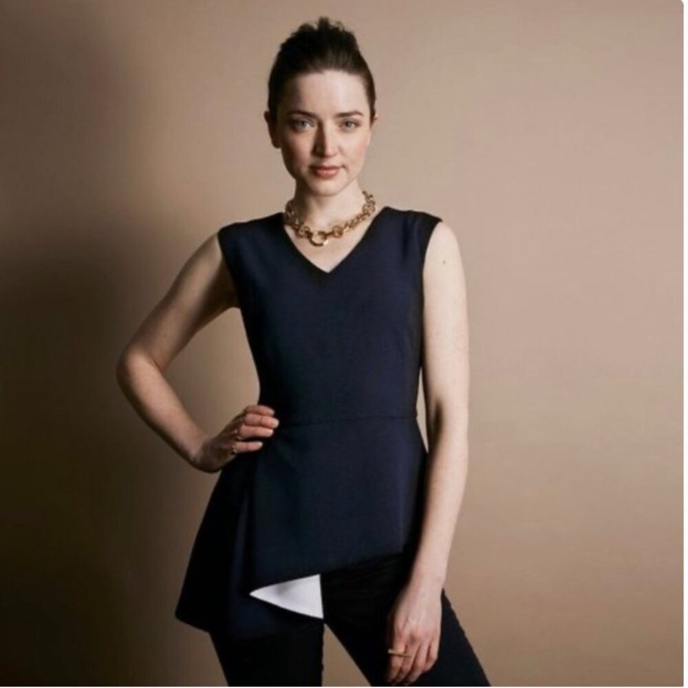 The Windsor: unique peplum asymmetrical sleeveless navy top, size 4, vegan silk